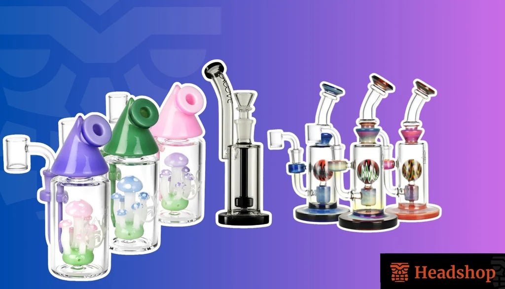 A person exhales vapor while holding a dab rig among cannabis plants.