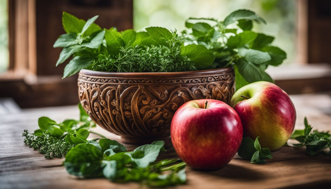 A juicy apple with a carved out bowl surrounded by fresh herbs and natural elements.