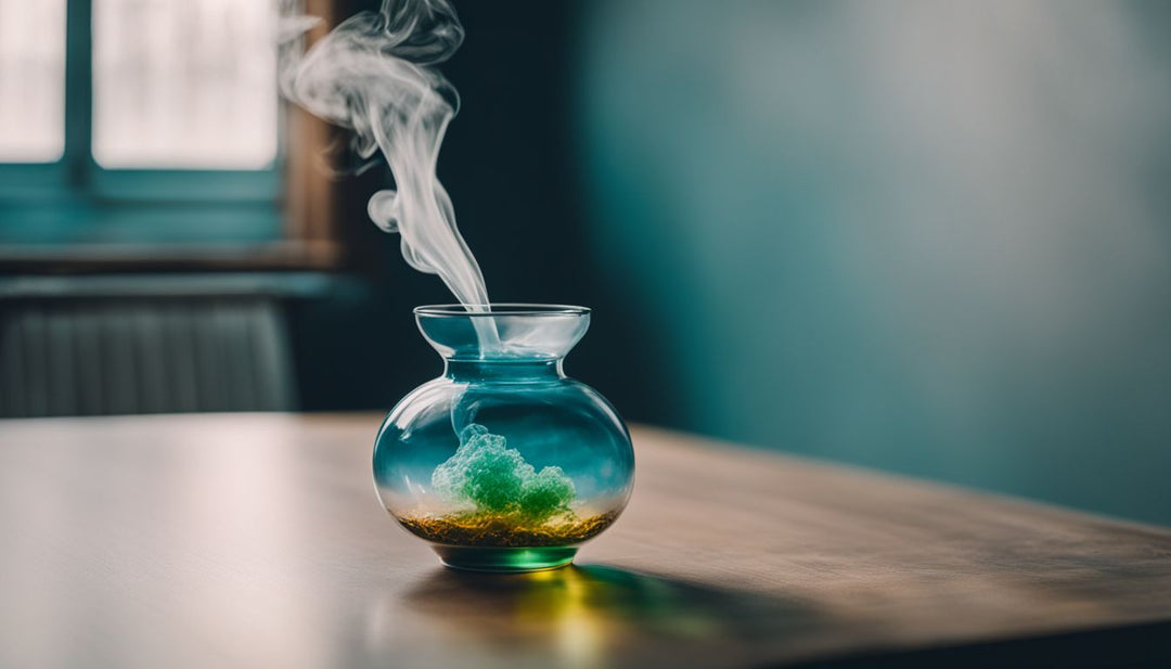 A small bong with swirling smoke on a clean tabletop.