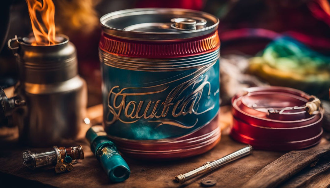 A handmade bong surrounded by smoking accessories in a vibrant setting.