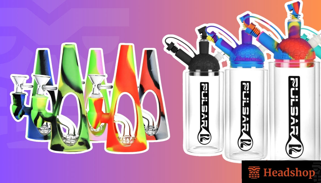 A used silicone pipe surrounded by household cleaning items on a counter.