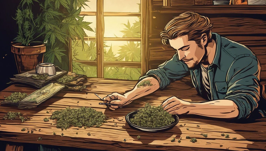 A person rolling a joint with cannabis buds on a wooden table.