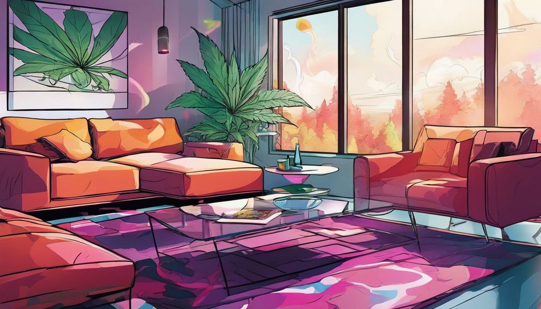 Two cannabis vaporizers emitting colorful smoke in a modern living room.