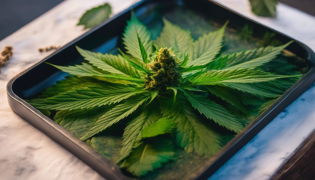 Freshly ground cannabis in a rolling tray with blunt wraps and nature photography.