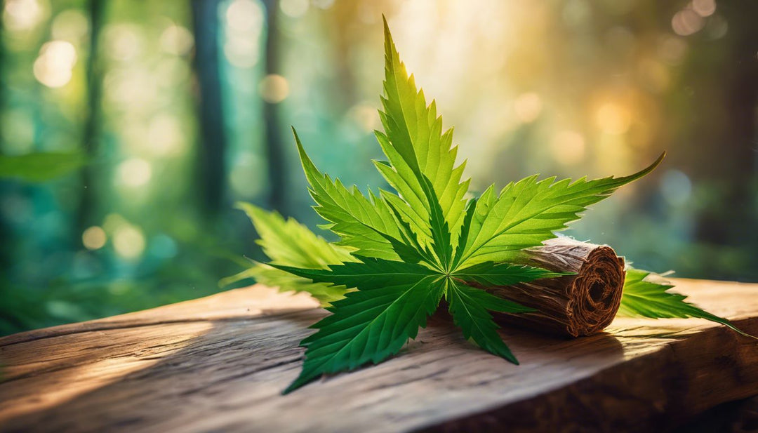 Fresh cannabis leaves and a rolled blunt on a wooden table.
