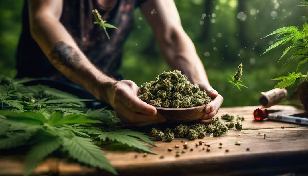 A person rolling a blunt with cannabis buds on a wooden table.