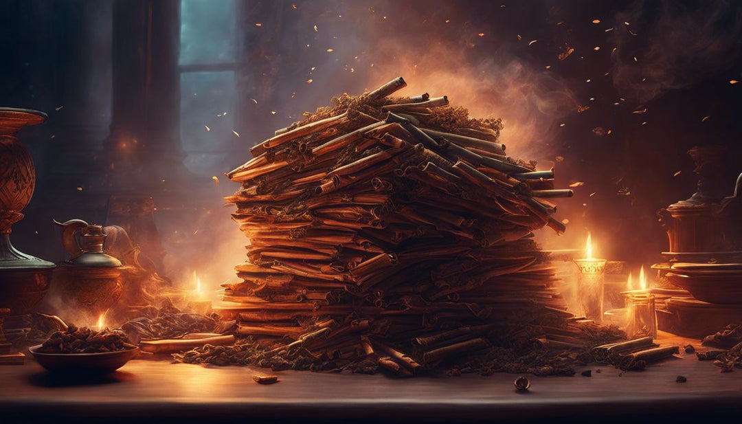 A pile of 81 blunts surrounded by smoke in a relaxing setting.