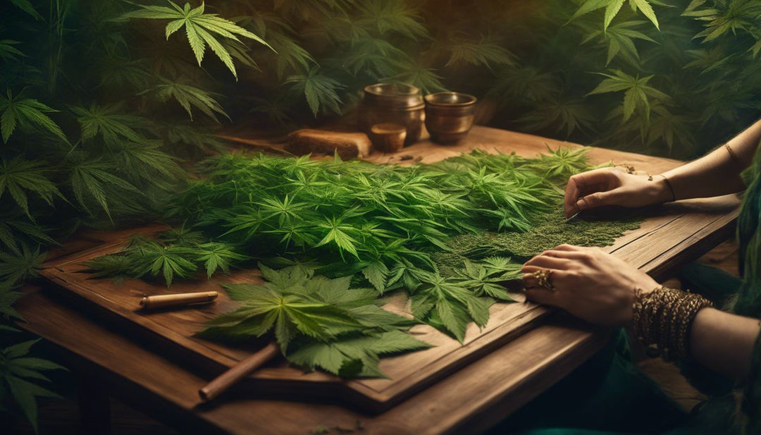 Rolling a cannabis blunt on a wooden table surrounded by leaves.