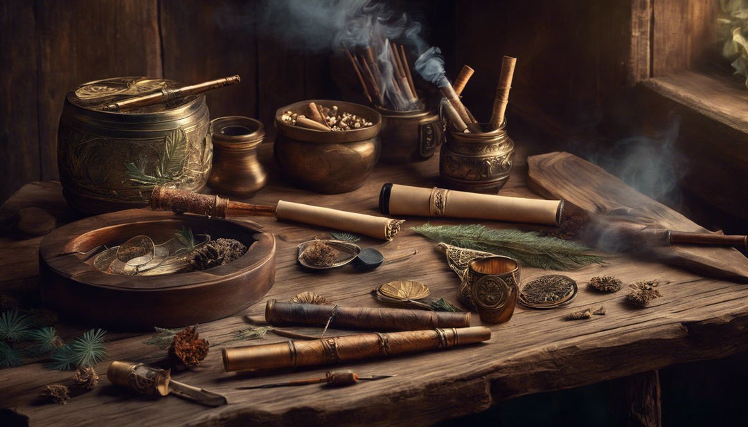 A display of pre-rolled blunt cones and smoking accessories on a wooden table in a natural setting.