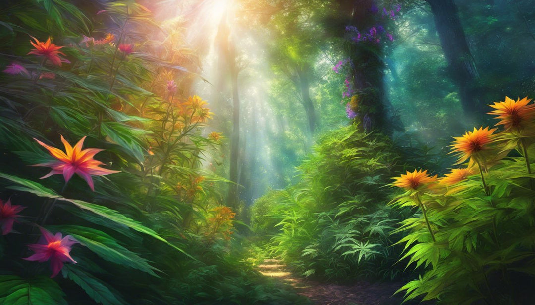 A thriving cannabis plant in a colorful outdoor grow environment.