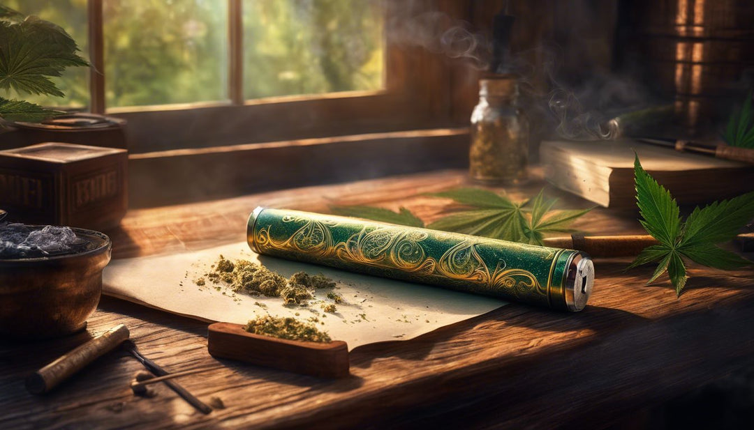 A blunt roller with cannabis, rolling papers, and a grinder on a wooden table.