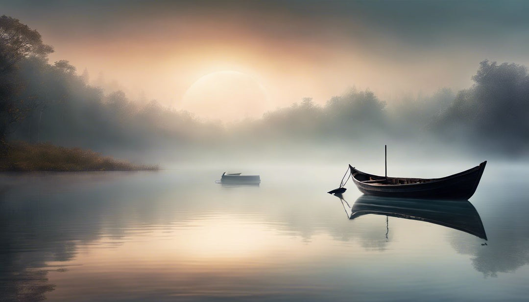 A weathered boat floats on a misty, calm lake.
