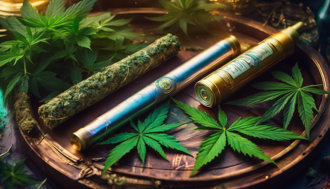 A close-up of pre-rolled cannabis products on a scale with leaves.