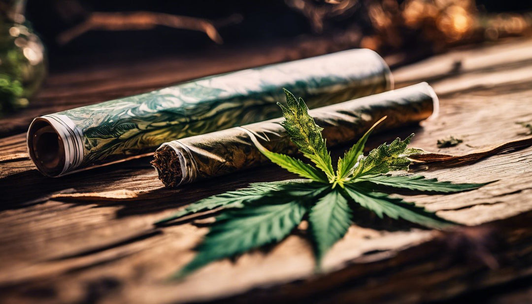 A rolled blunt surrounded by rolling papers and cannabis leaves.