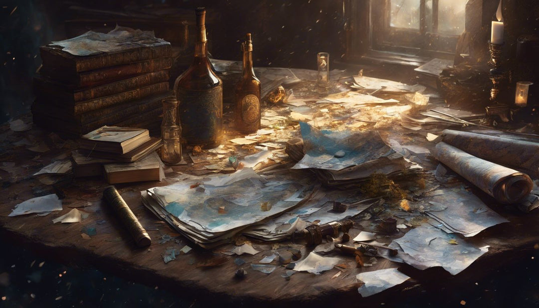 A broken blunt and scattered rolling papers on a messy table.