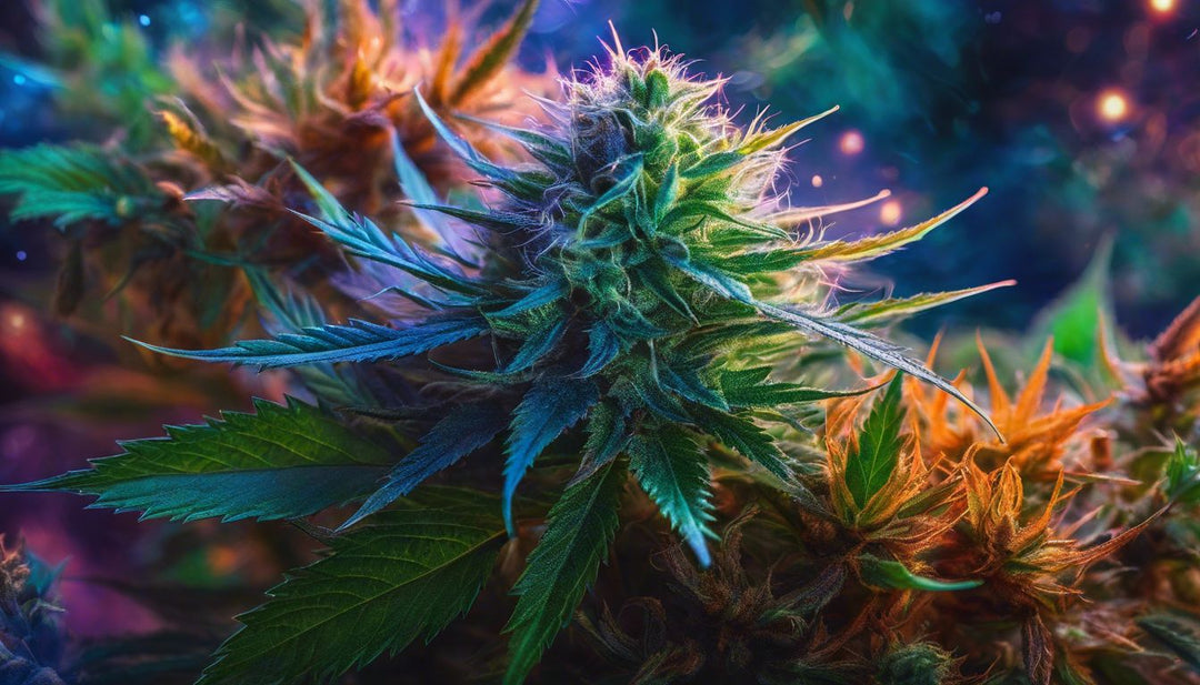 A macro shot of a rolled blunt surrounded by cannabis buds and leaves, showcasing intricate details and natural beauty.