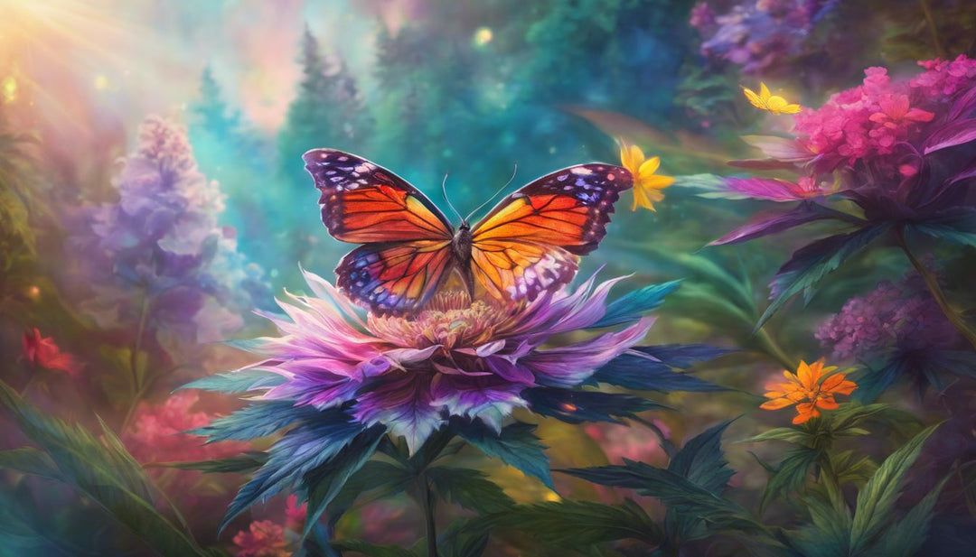 A cannabis plant surrounded by flowers and butterflies in a garden.