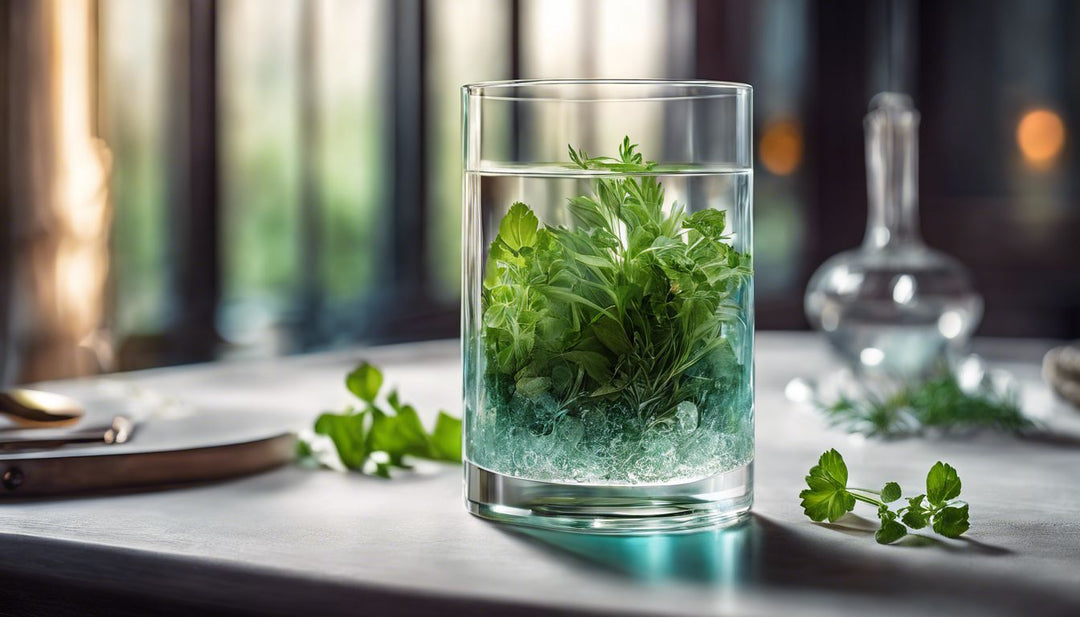 A glass blunt with herbs and accessories on a modern table.
