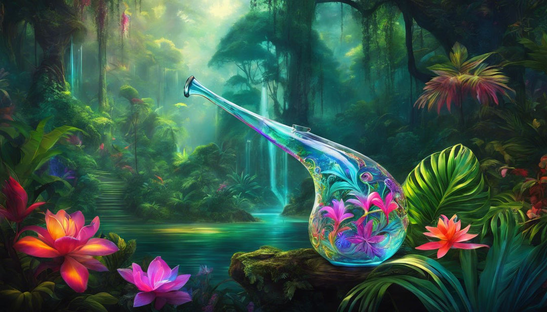A vibrant glass water pipe against a lush rainforest backdrop.