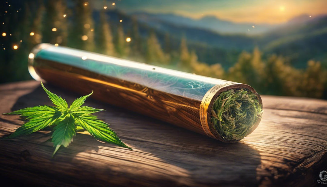 A well-rolled blunt sits on a wooden table next to a vibrant cannabis plant.