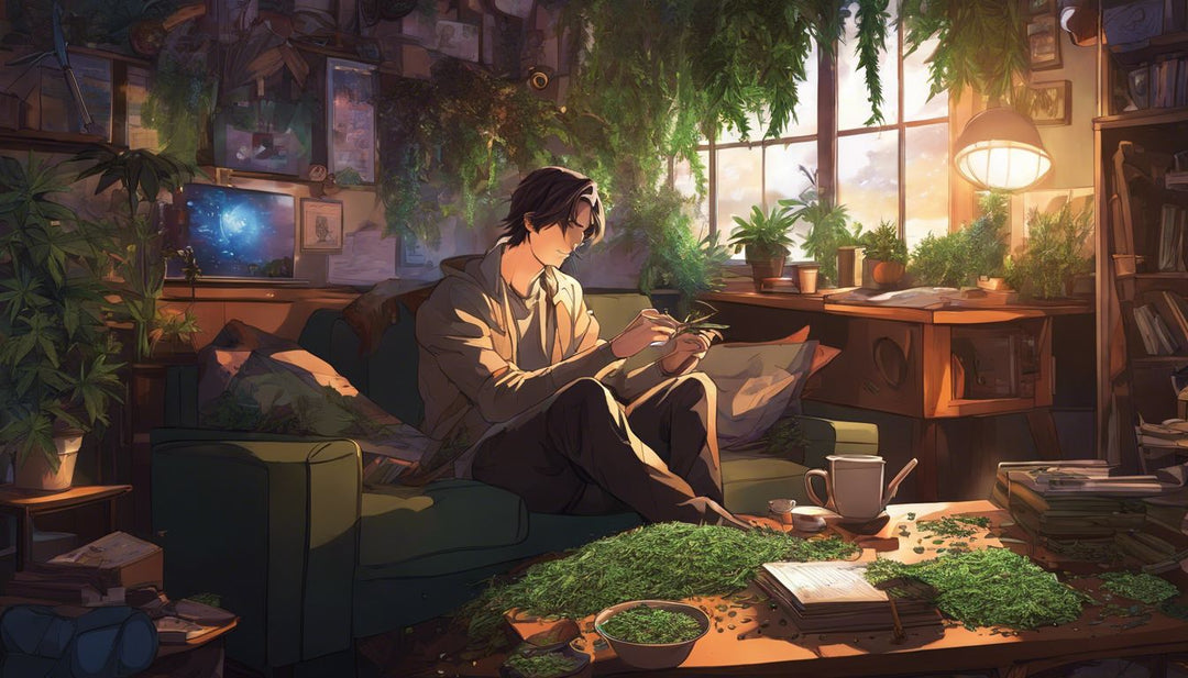 A man in his 20s rolling a blunt in a cluttered living room.