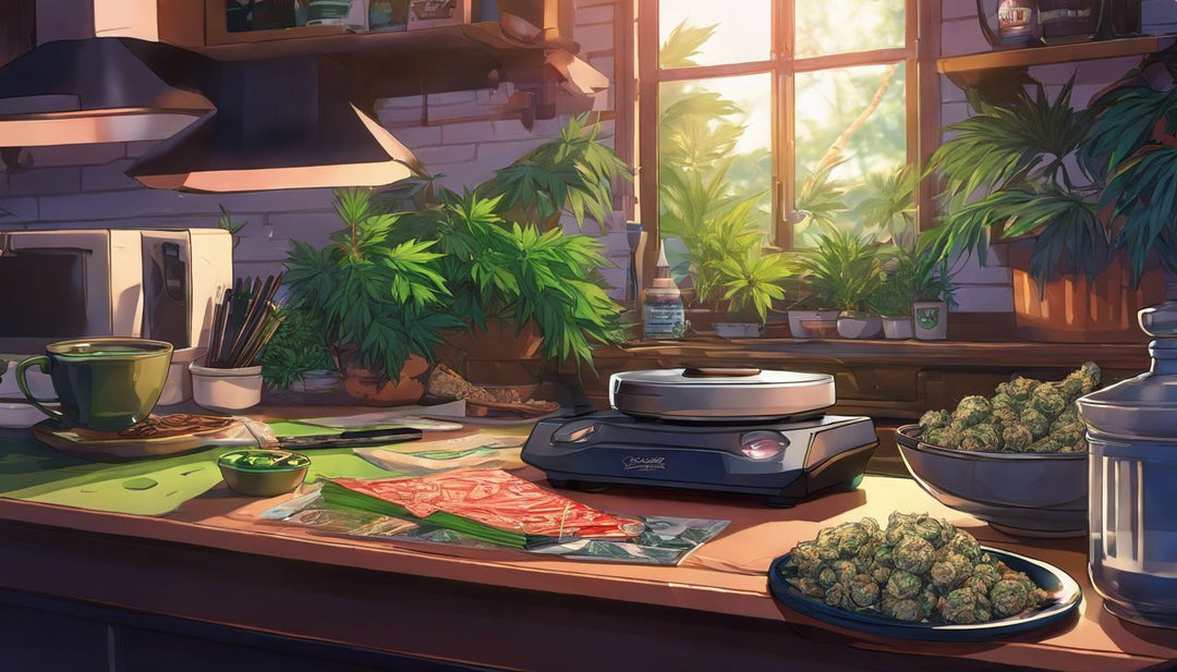 A person is preparing to roll a blunt in a cluttered kitchen.