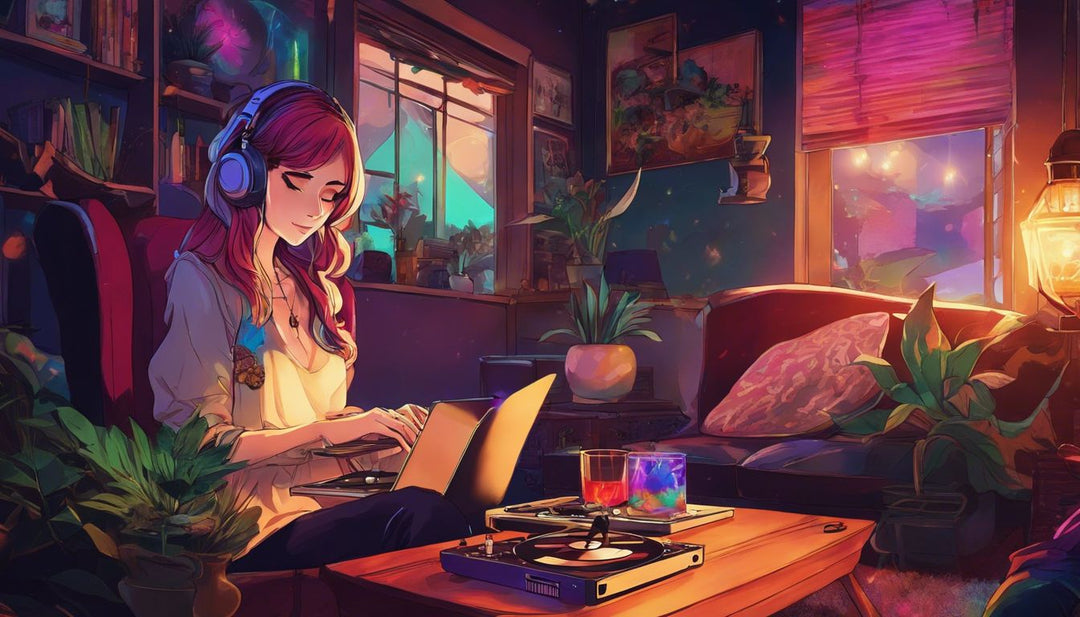 A woman shopping for bongs and accessories in a cozy living room.