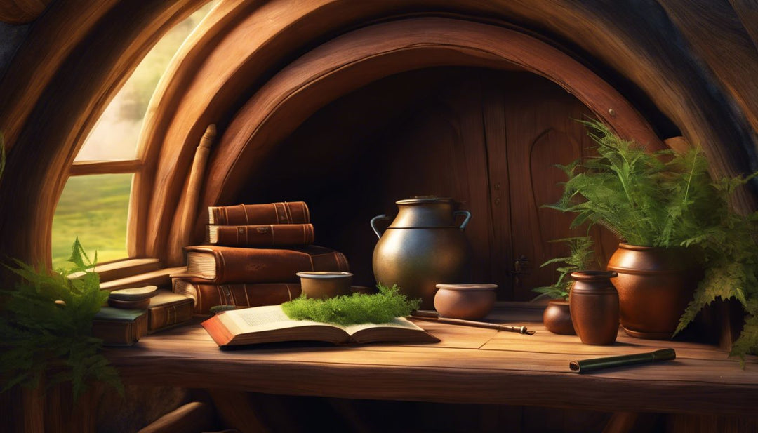 Cozy hobbit hole with rustic decor and open book.