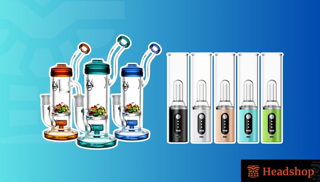 A person using a blowtorch to heat up a glass bong surrounded by cannabis plants.