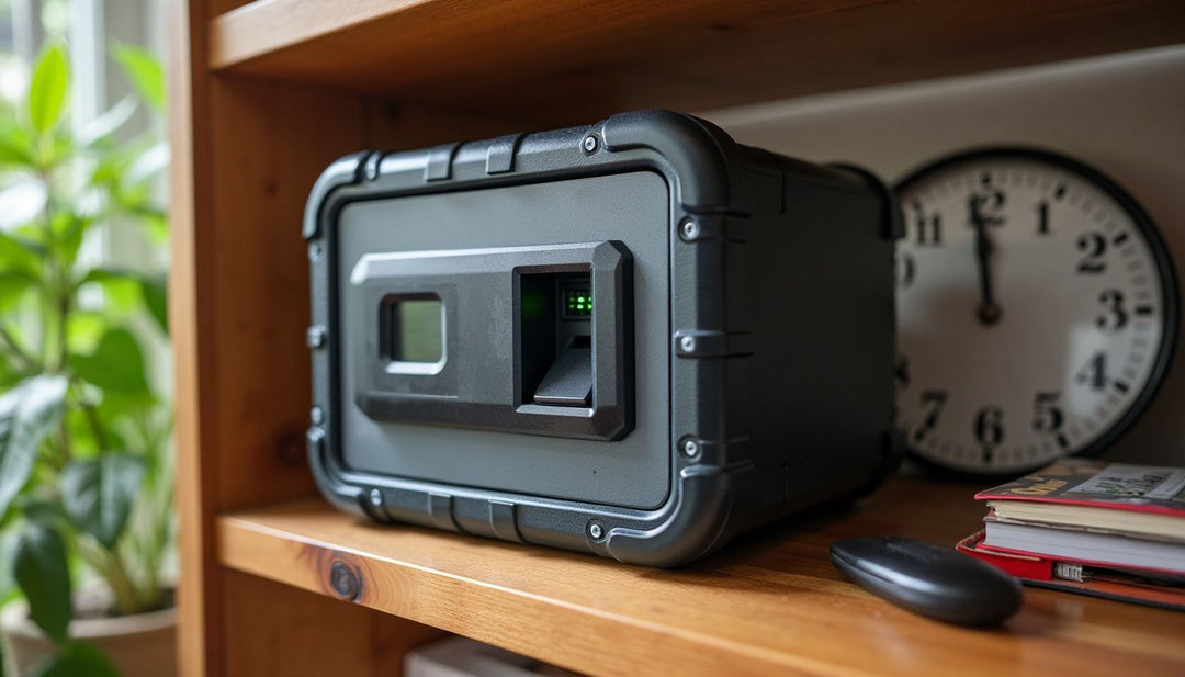 A medicine lock box with biometric scanner sits on a wooden shelf.