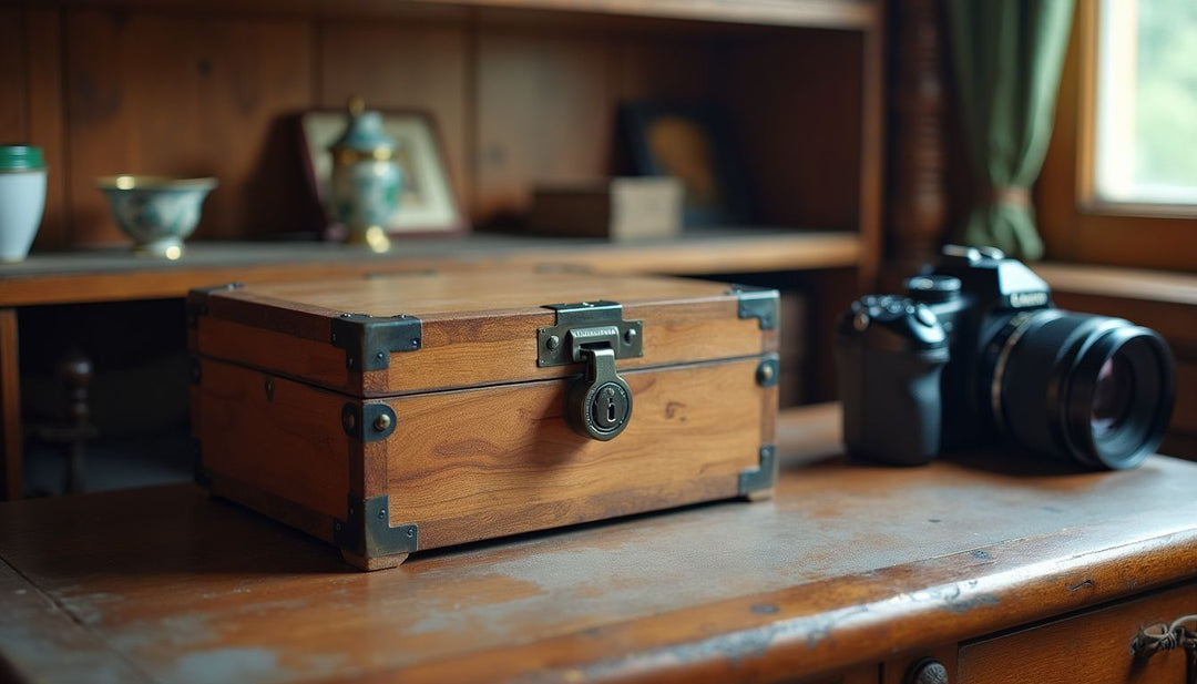 A wooden stash box with a combination lock on a vintage desk.