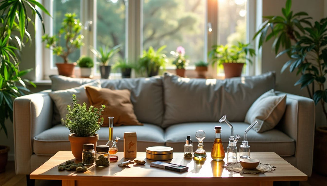 A cozy living room with cannabis accessories and houseplants.