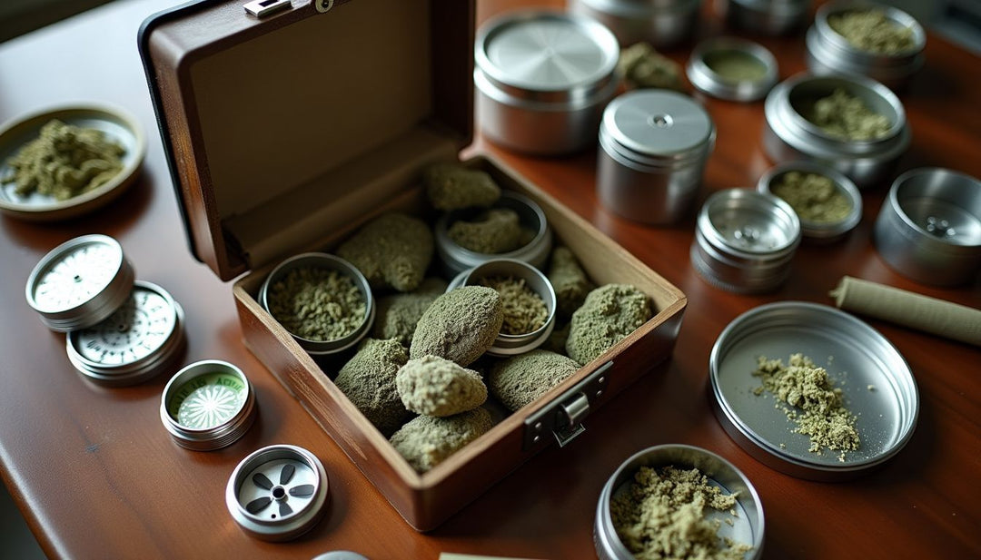 A stash box filled with hash products and accessories.