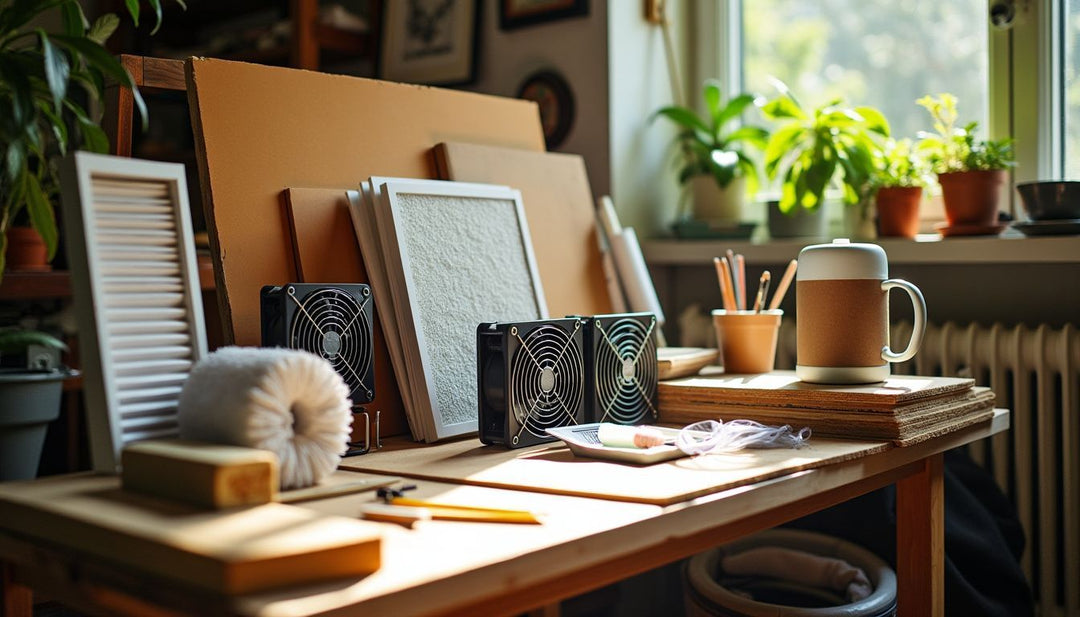 A cluttered work table filled with materials for a DIY grow box.