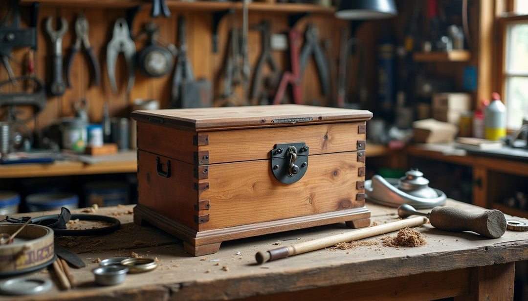 A wooden secret stash box displayed in a cluttered workshop with tools.