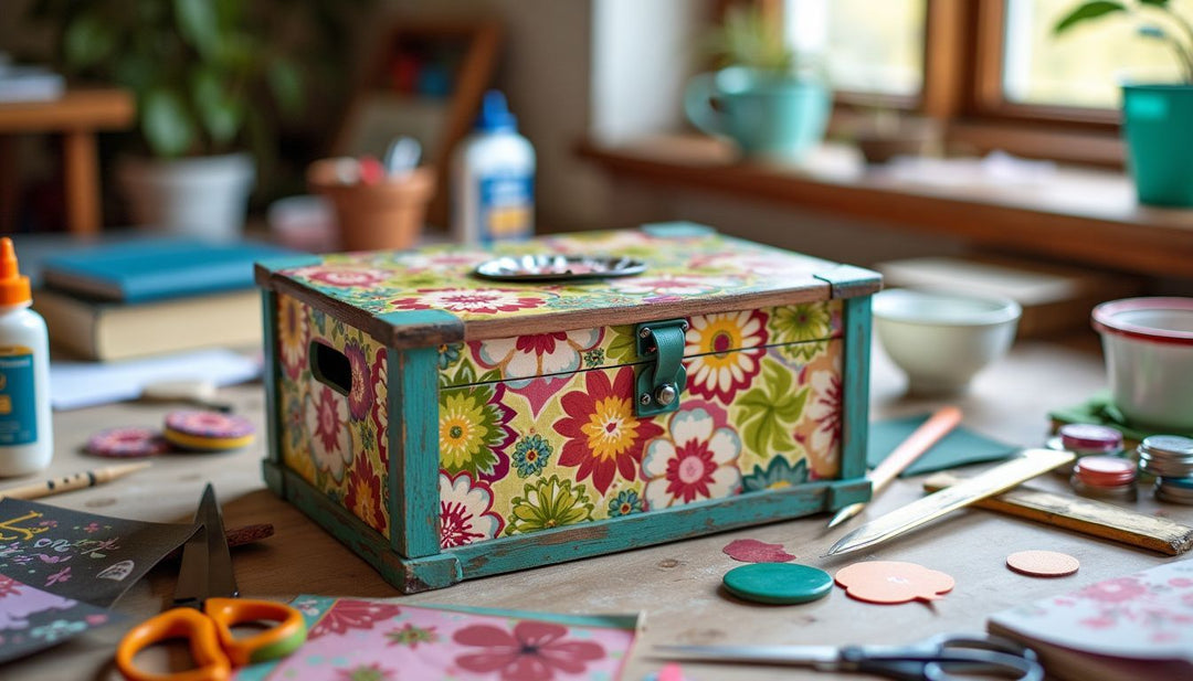 A DIY wooden stash box covered in colorful fabric on a craft table.