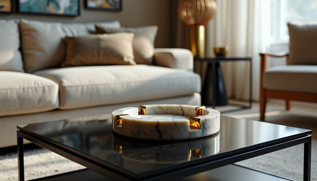 An elegant marble ashtray with gold accents on a modern coffee table.
