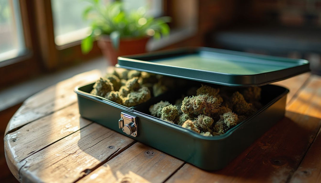 A marijuana storage box with airtight seal and lock feature.