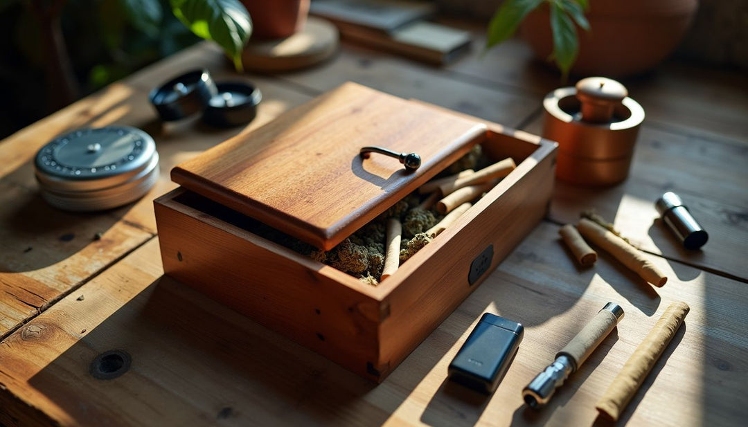 A wooden stash box surrounded by smoking accessories on a table.