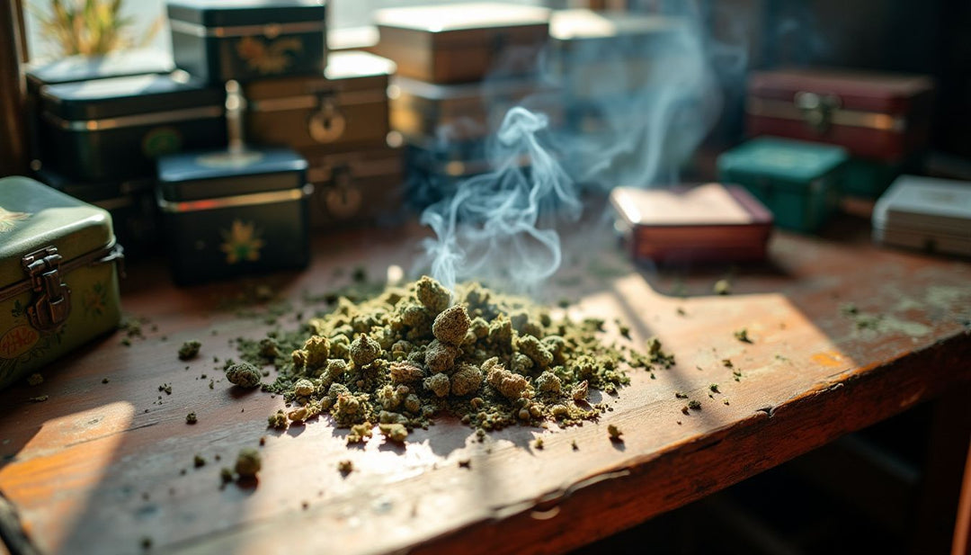 A cluttered desk with cannabis paraphernalia and smoke in the air.