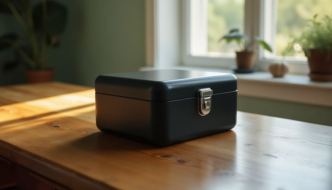 A modern stash box for storing weed on a wooden table.