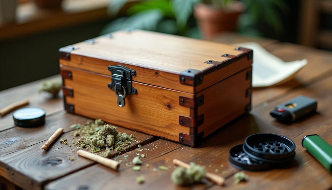 A wooden stash box with cannabis accessories on a table.