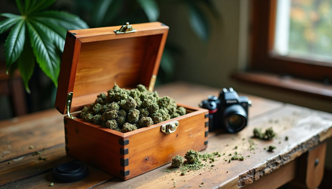 A wooden cannabis stash box sits on a rustic table.