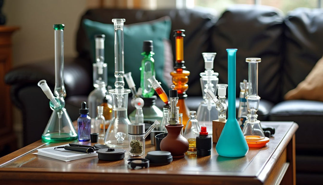 A cluttered coffee table filled with bongs and smoking accessories.