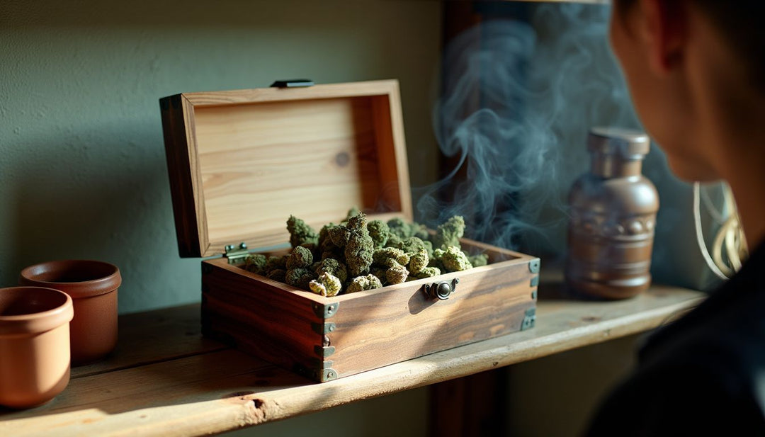 An open wooden weed box with a tray on a shelf.