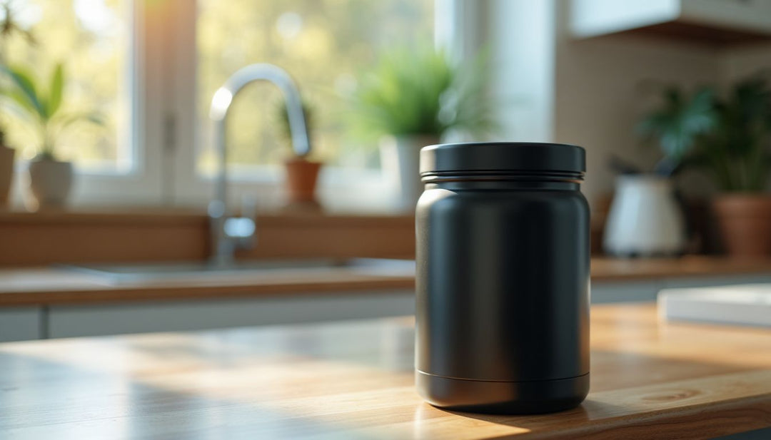 A sleek weed canister on a modern kitchen countertop.