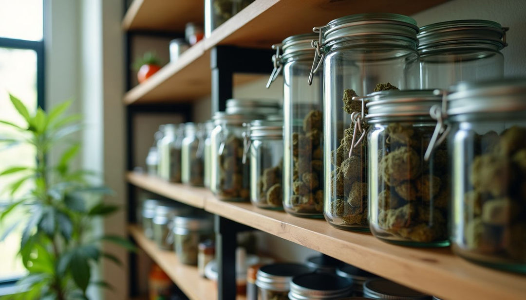 Neatly organized shelf with various secure cannabis storage containers.