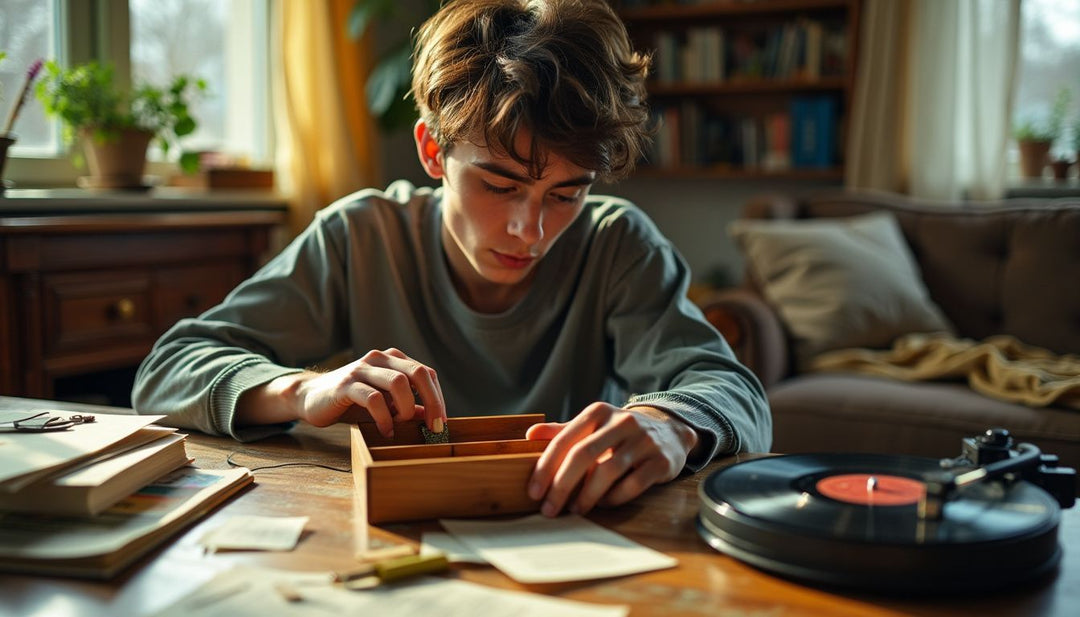 A young adult reaches for a weed rolling box in a cozy living room.