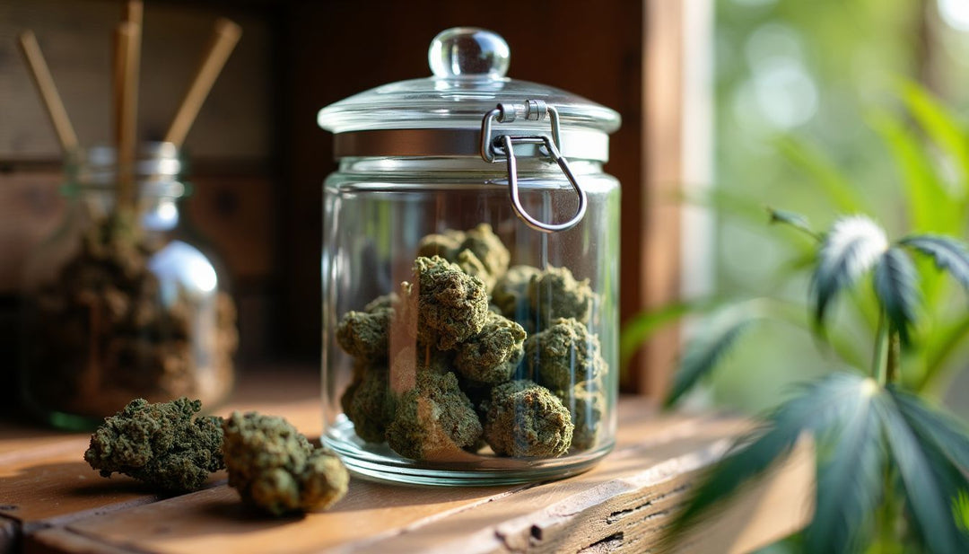 A combination lock glass stash jar for discreet cannabis storage.