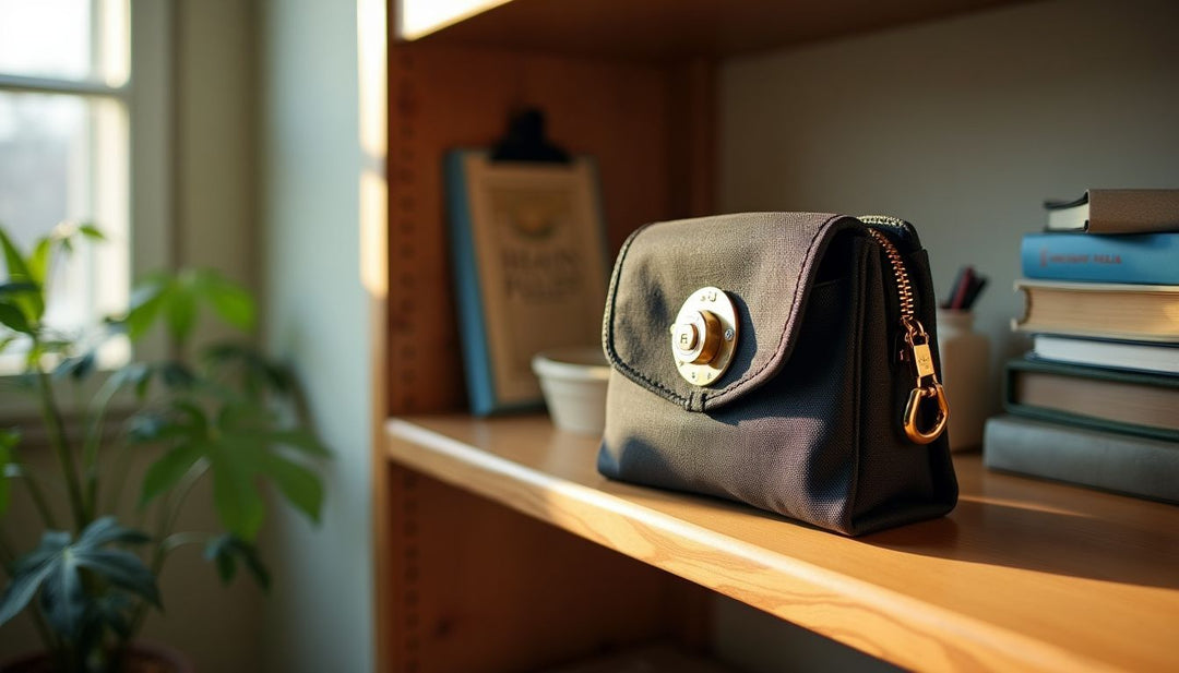A compact purse with a combination lock on a wooden shelf.